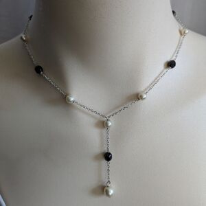 NY Beaded Necklace Silver Tone Faux Pearl Faceted Black Beads Bohemian Gothic